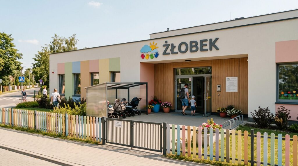 Budynek żłobka od strony ulicy: zadaszone wejście, wiata na wózki i kolorowe ogrodzenie