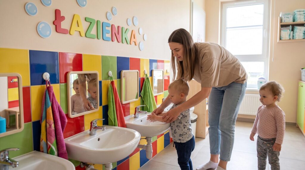 Łazienka z niskimi umywalkami, lusterkami i ręcznikami na wieszakach