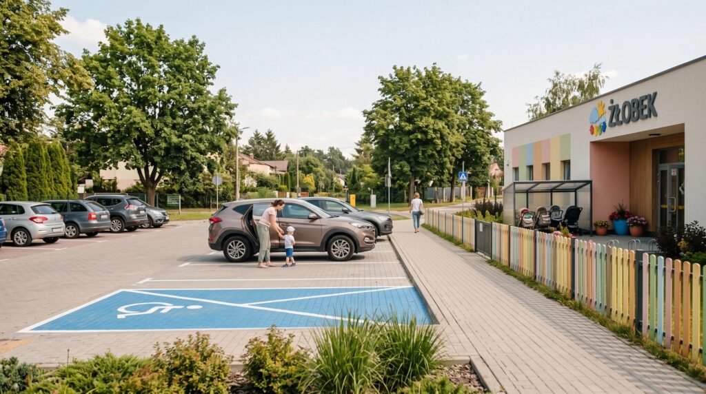 Parking przed żłobkiem z miejscem dla osób z niepełnosprawnością i chodnikiem prowadzącym do wejścia