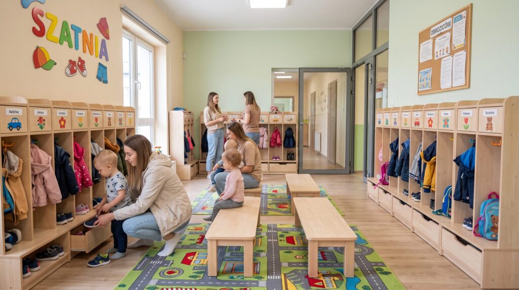 Szatnia z podpisanymi szafkami dzieci, ławeczkami i kolorowym dywanem