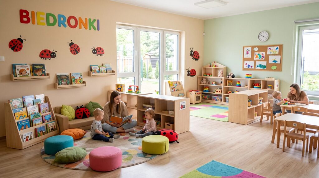 Sala grupy Biedronki z kącikiem do czytania, pufami i stolikami dla dzieci