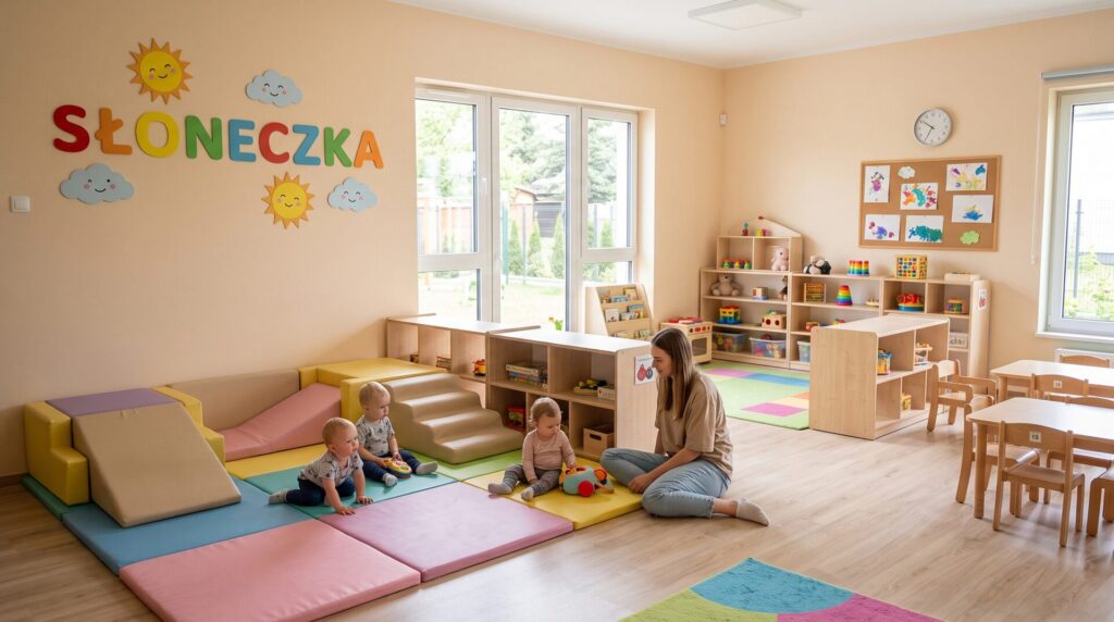 Sala grupy Słoneczka z miękkimi materacami i klockami do wspinania