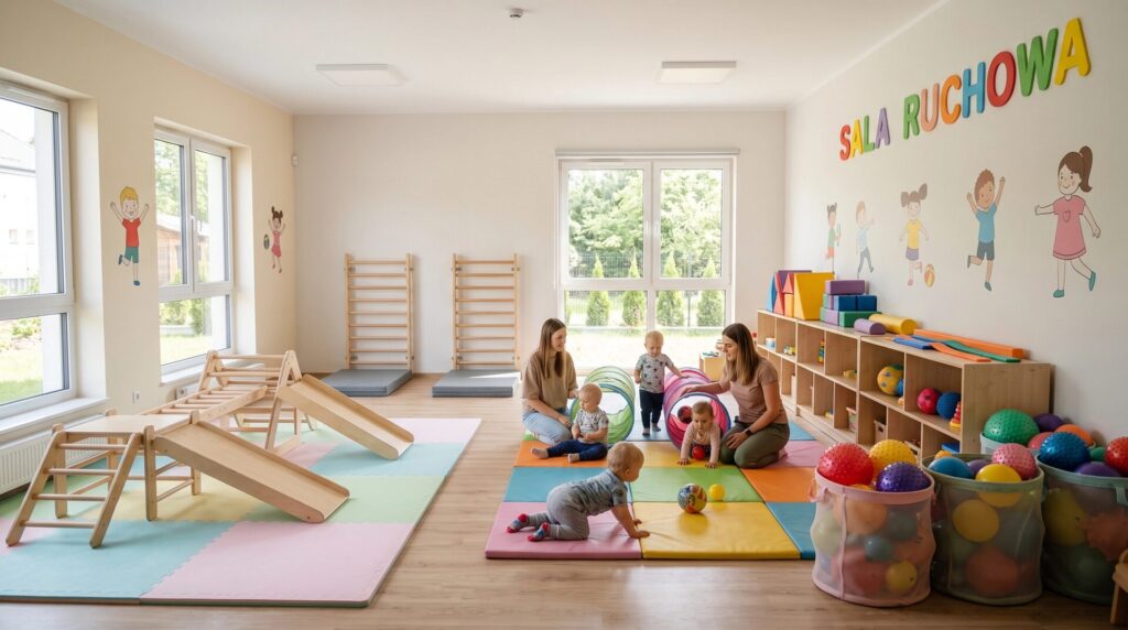 Sala ruchowa z drabinkami, drewnianymi zjeżdżalniami, tunelami i piłkami